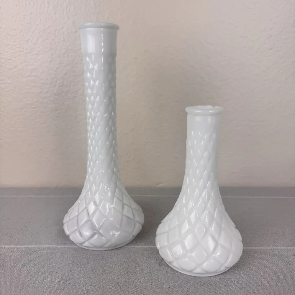 Vintage Hoosier Milk Glass Vase Set Of 2 Quilted Diamond White 6” 4062/9” 4092